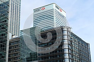 View of HSBC's former world headquarters and other office buildings in Canary Wharf on the Isle of Dogs in East London