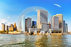 View Hudson bay to Lower Manhattan and Staten Island Ferry terminal. New York City is Financial capital of America.