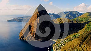 view at the huge Pitons of Saint Lucia or St Lucia Caribbean