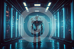 View of human-like white robot in hallway of server room among racks in data center working with hardware