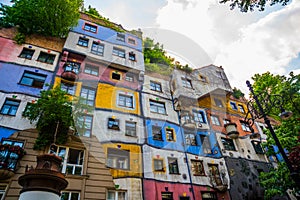 View of Hundertwasser house in Vienna, Austria. Hundertwasserhaus apartment house is famous attraction