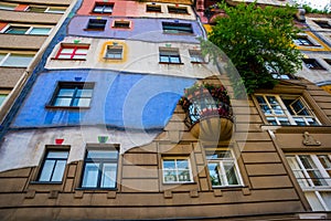View of Hundertwasser house in Vienna, Austria. Hundertwasserhaus apartment house is famous attraction Vienna, Austria