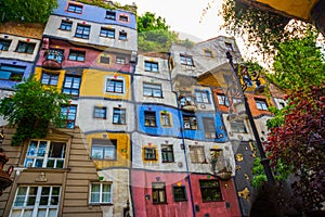 View of Hundertwasser house in Vienna, Austria. Hundertwasserhaus apartment house is famous attraction Vienna, Austria