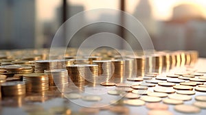 A view of hundreds, piles of gold coins. A pile of coins