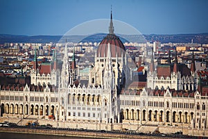 View of Hungarian Parliament Building, Budapest Parliament exterior, also called Orszaghaz, with Donau river and city panorama photo