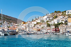 View of Hydra town at harbor in Greece.