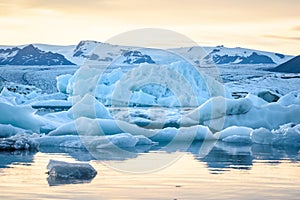 View of icebergs in glacier lagoon, Iceland, global warming concept