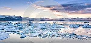 View of icebergs in glacier lagoon, Iceland, global warming concept