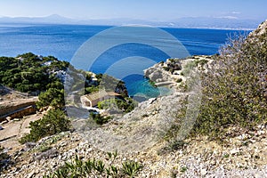 View from the iconic archaeological site of Heraion near Lake Vouliagmenis, Loutraki, Greece