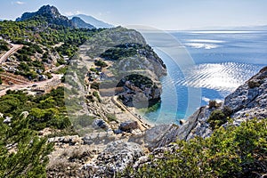 View from the iconic archaeological site of Heraion near Lake Vouliagmenis, Loutraki, Greece