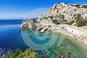 View from the iconic archaeological site of Heraion near Lake Vouliagmenis, Loutraki, Greece