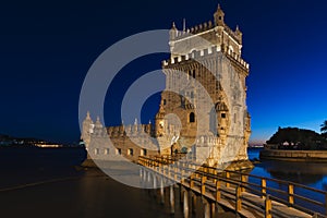 View of the iconic Belem Tower Torre de Belem in the bank of the Tagus River, in the city of Lisbon