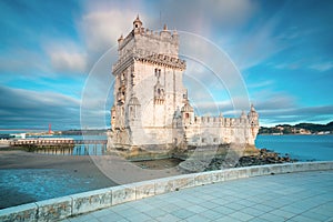 View of the iconic Belem Tower (Torre de Belem) in the bank of the Tagus River, in the city of Lisbon, Portugal. Unesco