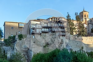 View at the iconic Cuenca Hanging Houses, Casas Colgadas, symbol architecture at the city, buildings on the edge at the cliffs, on