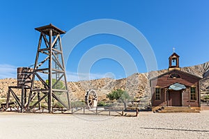 View at the iconic old St. Michael church and water tower, building on Oasys - Mini Hollywood, a Spanish Western-styled theme park