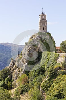 View of  iconic tower clock in Arachova village in Greece