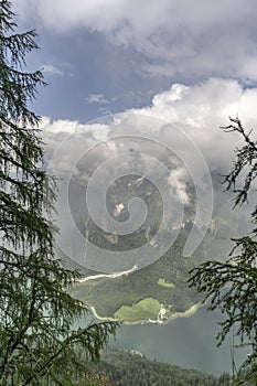 View on idyllic Konigssee from Feuerpalfen , Bavaria, Germany