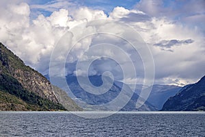 View of the idyllic Lustrafjord. Seen in Norway