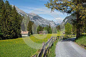 View of an idyllic mountain valley in the heart of the Swiss Alps