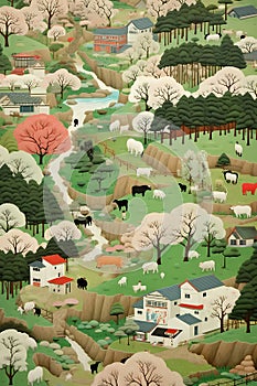 View of an idyllic village in summer with cows, sheep, trees and river