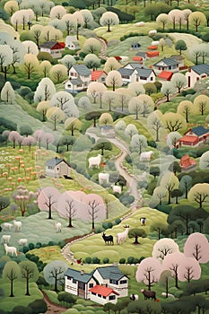 View of an idyllic village in summer with cows, sheep, trees and river