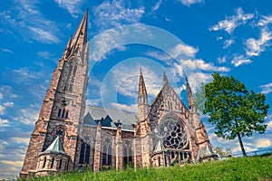 View from the iII river of the Ã‰glise rÃ©formÃ©e Saint-Paul, built 1892-1897. Strasbourg, Alsace, France