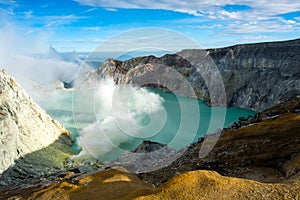 View from Ijen Crater, Sulfur fume at Kawah Ijen, Vocalno in Indenesia.