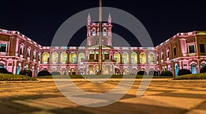 View on illuminated pink presidential palace in Asuncion, Paraguay at night photo