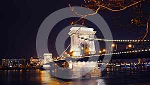 View on the illuminated Szechenyi Chain Bridge