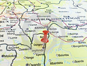 View of Impfondo, Republic of the Congo, on a geographical map of Africa, marked with red pushpin