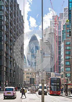 View include Office buildings banking and financial district and people crossing the road