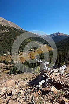 View of Independence Pass from mountain top rest stop outside of Aspen Colorado United States