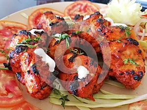 view of an Indian dish chicken Tikka tandoori, laid out on rings of tomatoes and garnished with salad