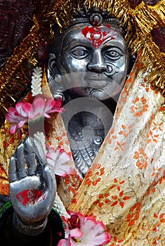 View of Indian Hindu goddess Durgs idol in blessing pose
