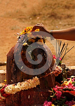 View of Indian Hindu woman offer prayers to stone carved god Shiva in shape of Lingam on maha shivaratri