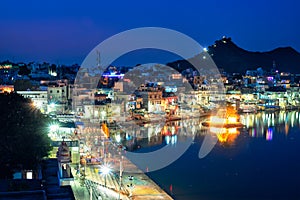 View of indian pilgrimage sacred city Pushkar with Pushkar ghats. Rajasthan, India. Horizontal pan