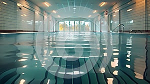 A view of an indoor swimming pool filled with clear blue water.