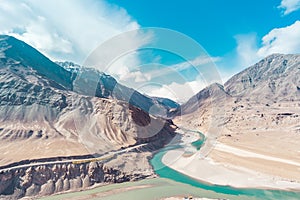 The view of Indus River in Leh, Ladakh, India. The Indus River is one of the longest rivers in Asia