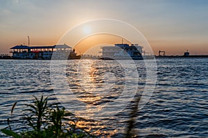 View of industrial harbor at sunset in Jiangyin