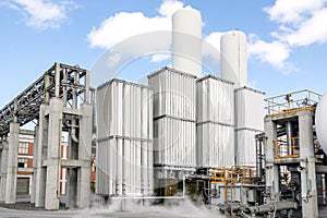 View of the industrial oxygen tanks in the chemical plant. It is an oxygen storage vessel, which is either held under pressure.