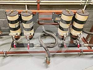 View of industrial system with firefighting water network filters, used in industrial equipment