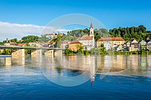 View at the Inn river with St.Gertarud church in Passau - Germany