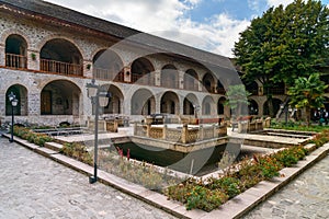 View of the inner courtyard of Upper caravanserai in Sheki. Azerbaijan