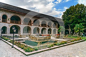 View of the inner courtyard of Upper caravanserai in Sheki. Azerbaijan