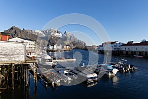 View of the inner harbour of Henningsvær in Lofoten, Norway on a beautiful fall day