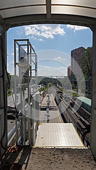 View from an inoperable elevator onto the railway tracks.