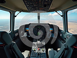 View Inside Airplane Cockpit with Control Panels and Instruments