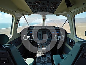 View Inside Airplane Cockpit with Control Panels and Instruments