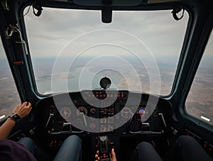 View Inside Airplane Cockpit with Control Panels and Instruments