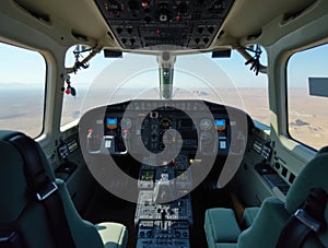 View Inside Airplane Cockpit with Control Panels and Instruments